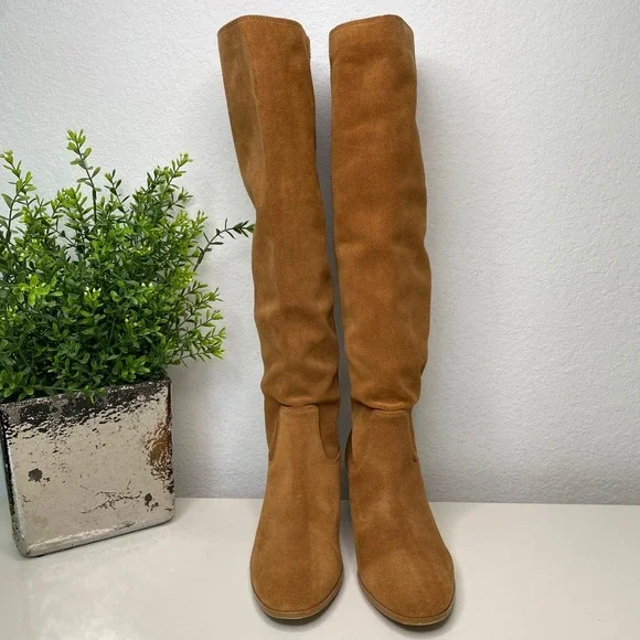 Michael Kors Avery Knee High Suede Leather Boots Stacked Heel Acorn Size 6-6.5 - Picture 6 of 14